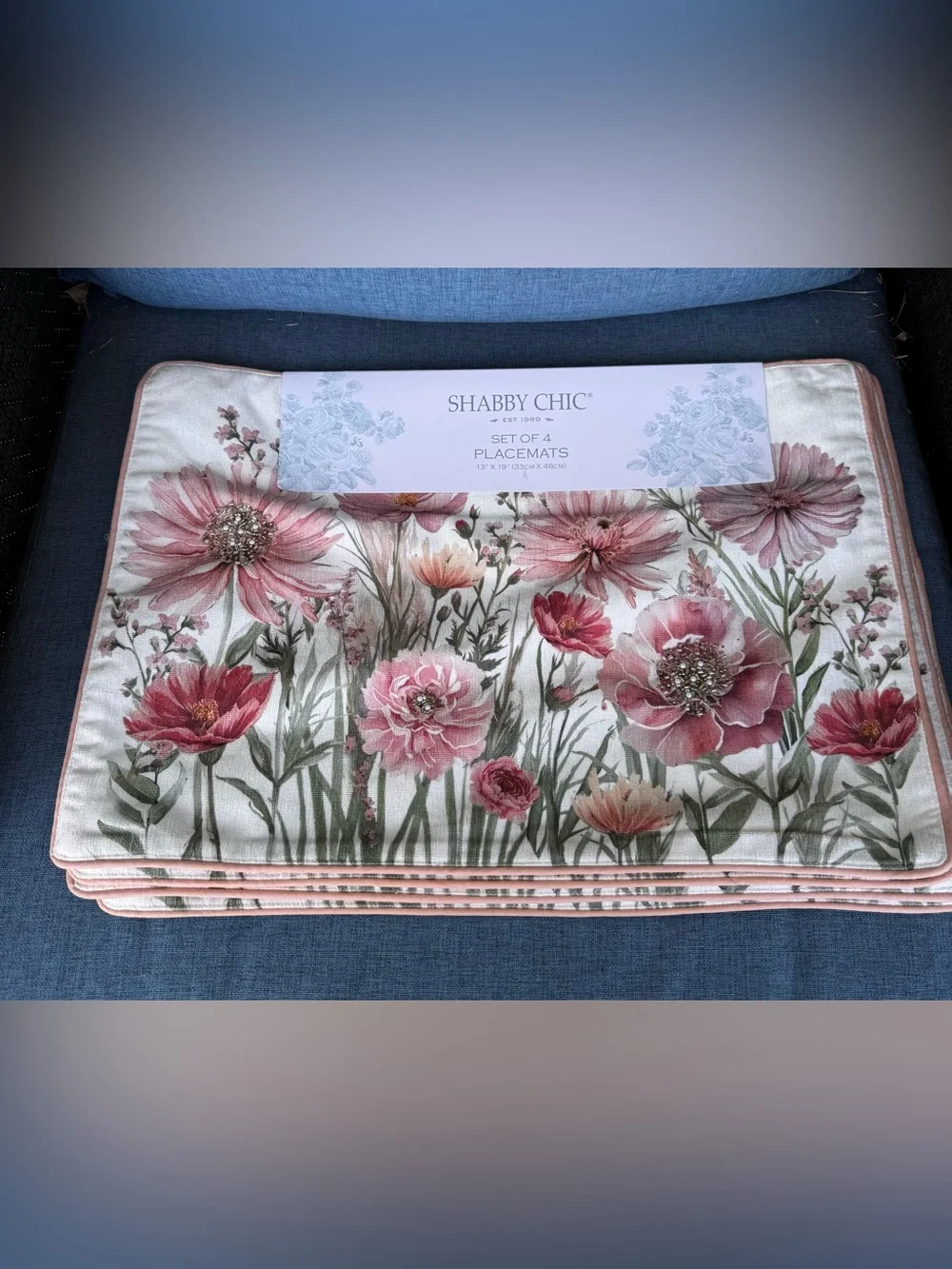 Shabby Chic Pink Floral Placemat Set with Rhinestone Beading- Set of 4